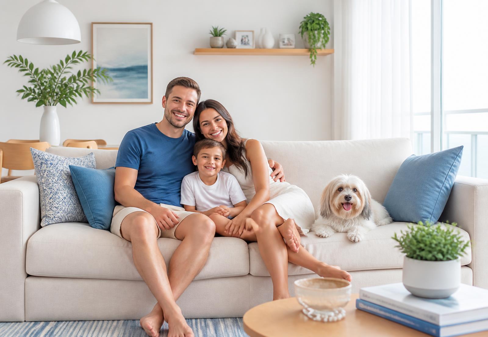 Família com pet em uma sala moderna com sofá higienizado