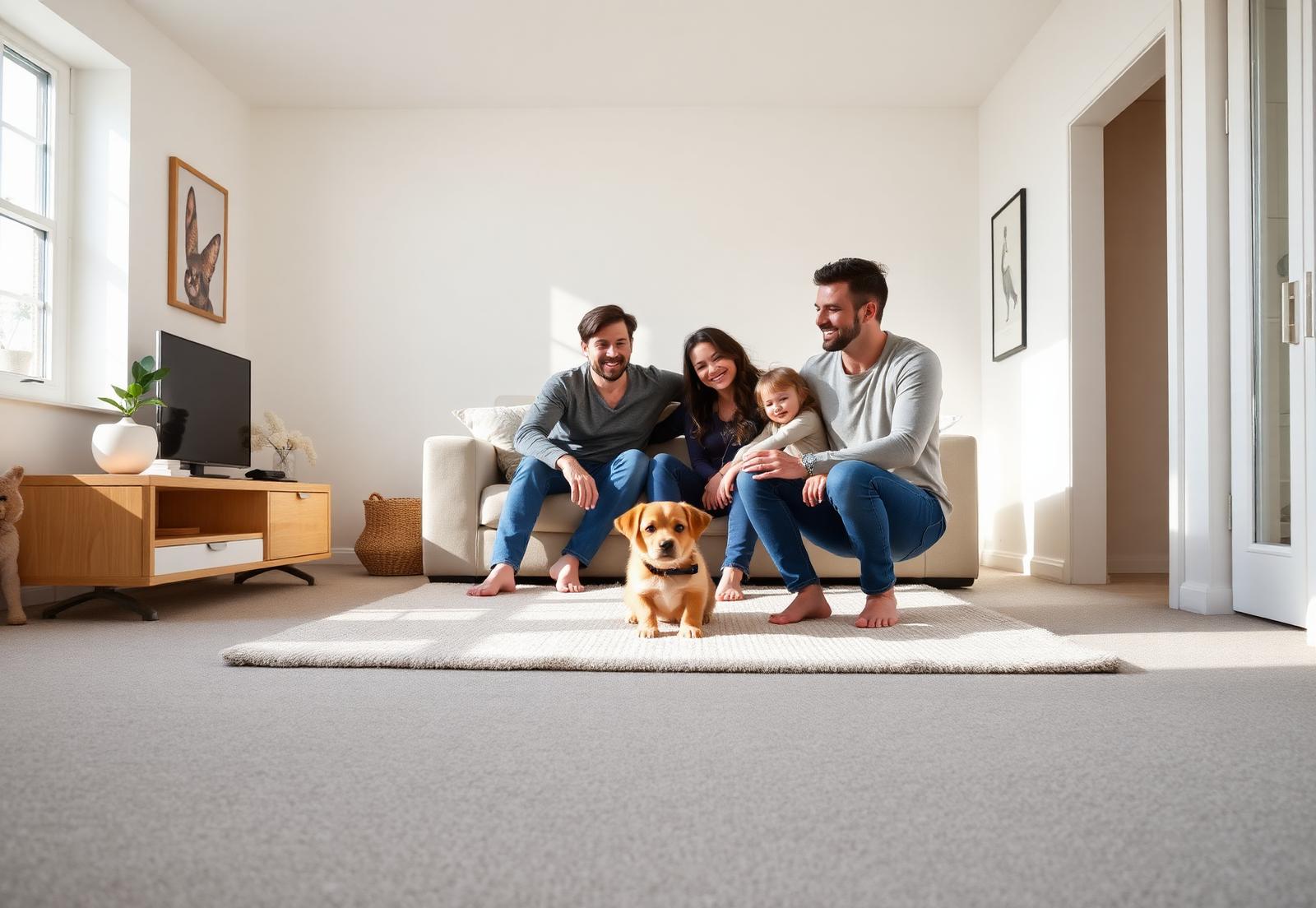 Ambiente com carpete higienizado e família confortável