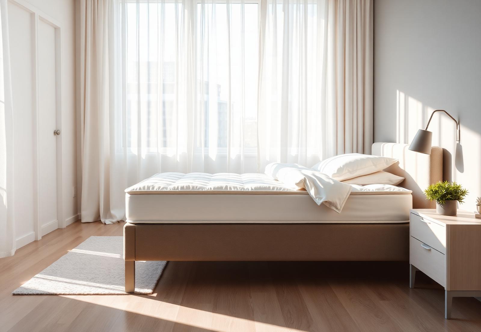 Quarto claro com colchão higienizado e roupa de cama limpa